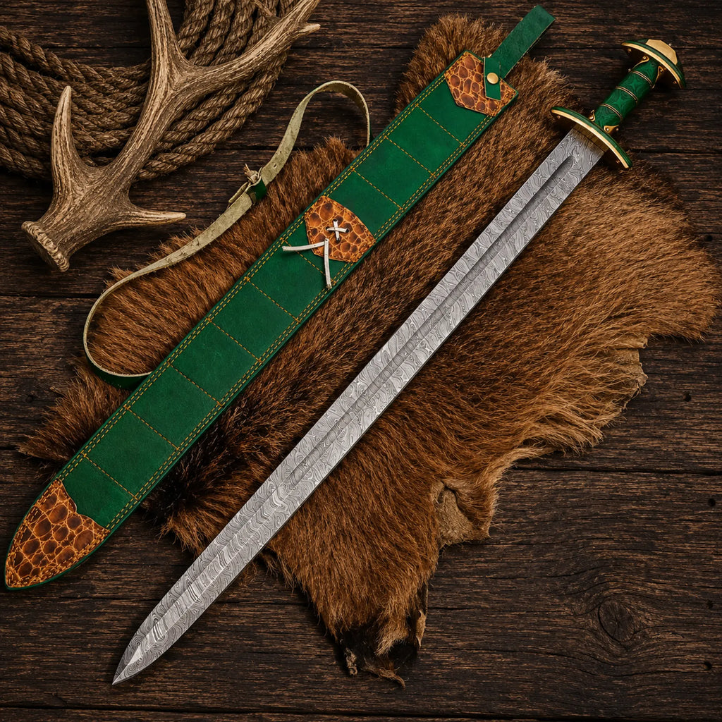 Sword Damascus Steel Verdantfang Viking Long Blade with Sheath