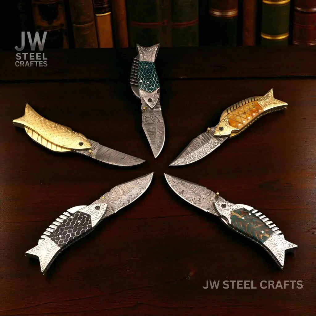 Damascus Fish Folding Knife Set with  Hand-Engraved Fish Handles