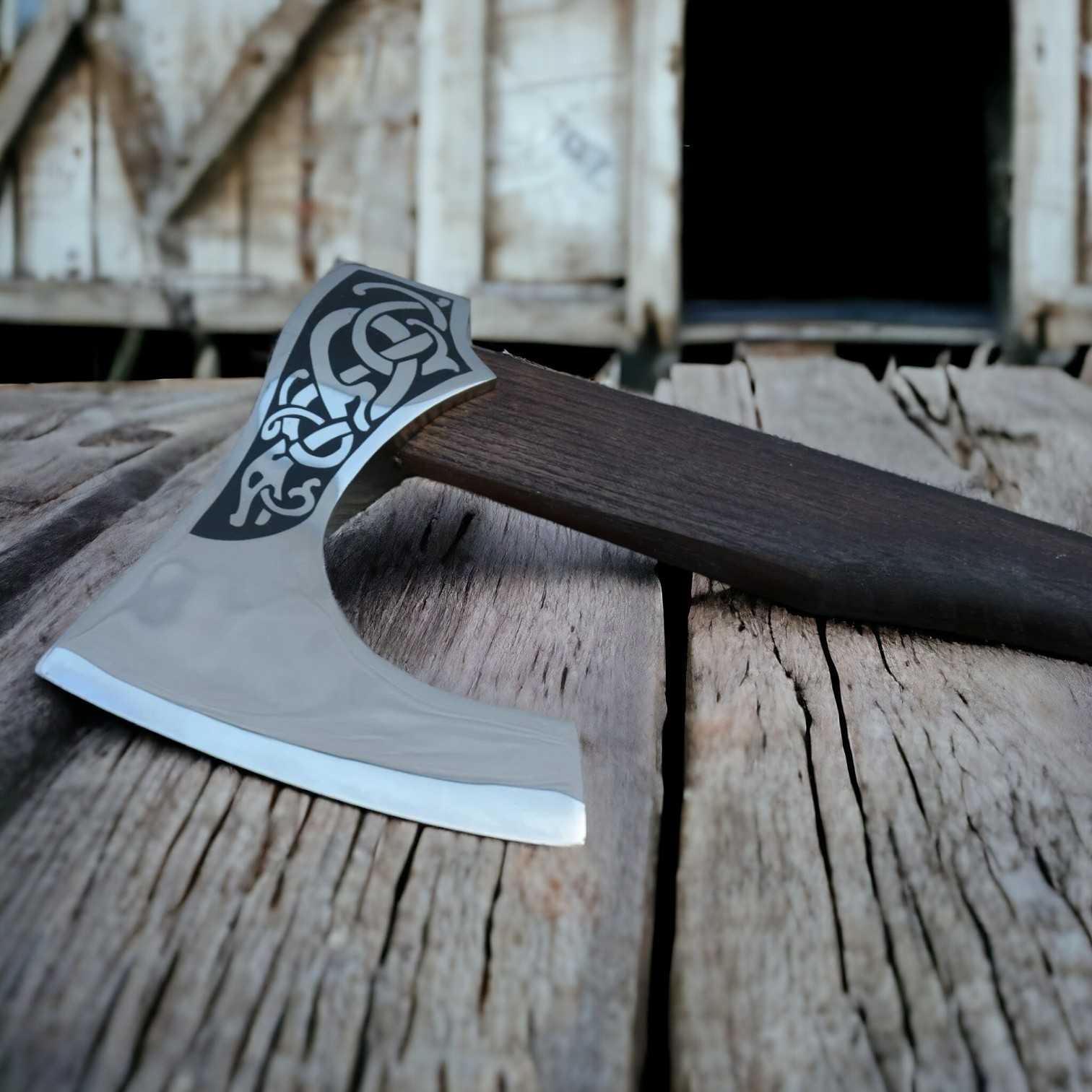 Norse Serpent Viking Axe – Hand-Forged 1075 Steel Bearded Axe, Rosewood Handle