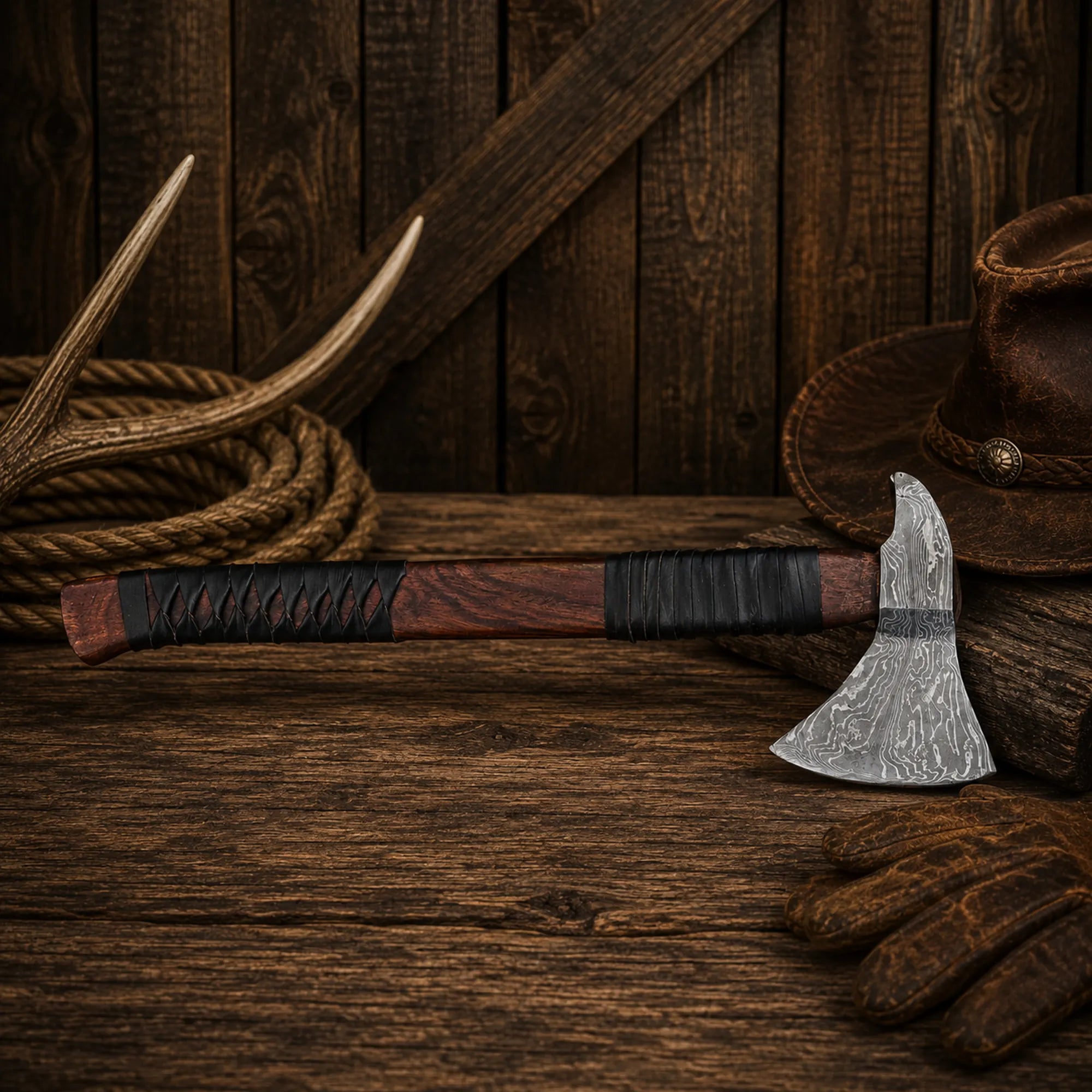 Viking Bearded Axe – 23" Handmade Damascus Steel Axe with Leather Sheath