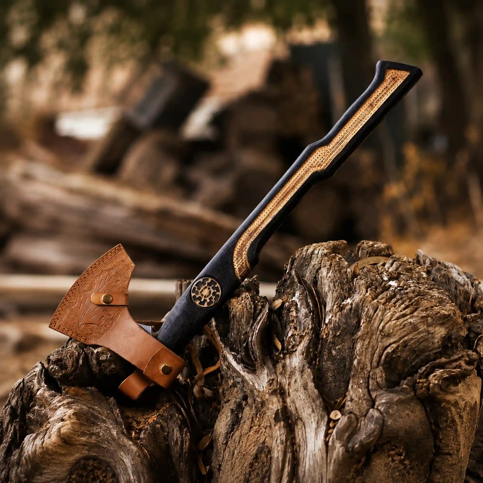 Sunwheel Viking Axe – Hand-Forged Bearded Axe with Inlaid Ash Handle