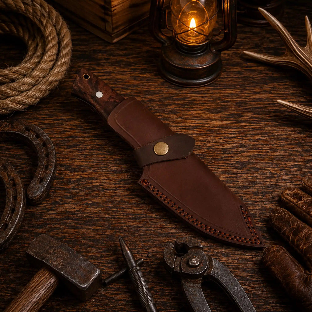 Custom handmade Damascus steel hunting knife with walnut handle, fixed blade design by SHAM KNIVES for camping and survival.