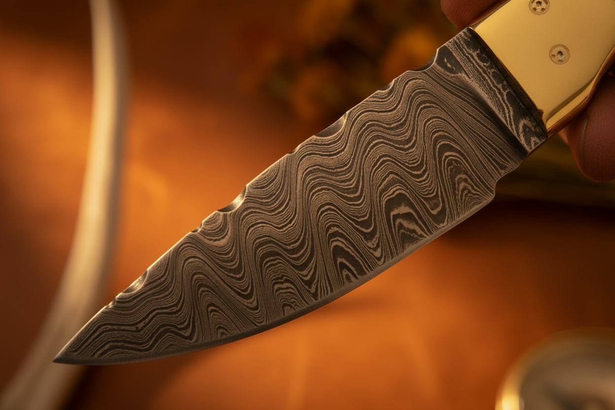 Wild West Knife – Damascus Steel, Sheep Horn Handle & Brass Bolster | 6.25"
