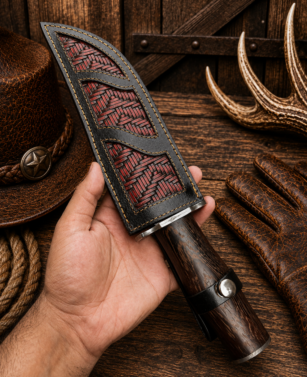 10-inch Damascus steel Bowie knife with wenge wood handle and leather sheath by SHAM KNIVES