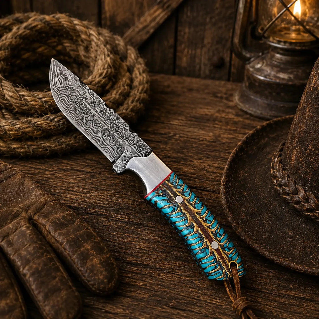 Western cowboy knife with 4-inch Damascus blade and pinecone handle, portable belt carry design by SHAM KNIVES.