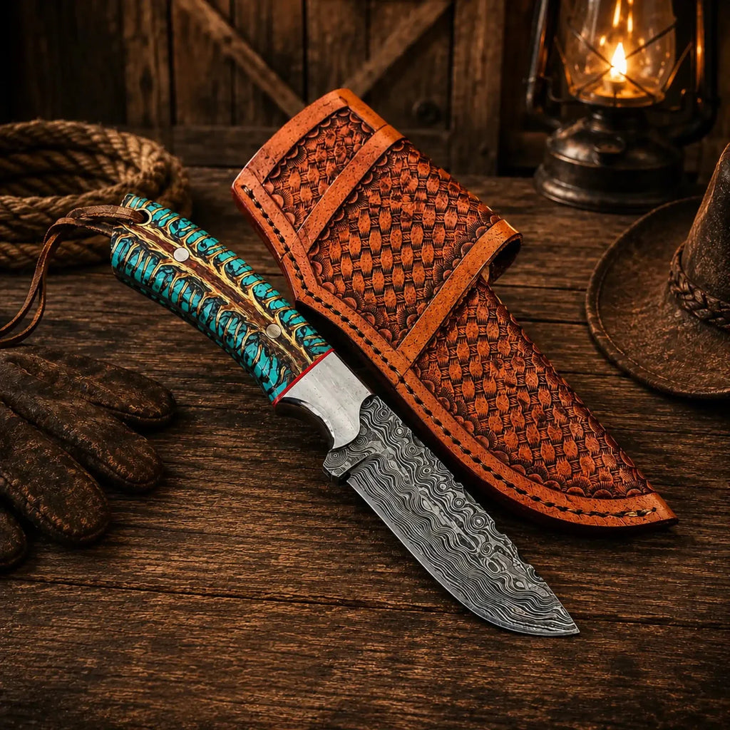 Western cowboy knife with a 4-inch Damascus blade and pinecone handle, designed for belt carry by SHAM KNIVES.