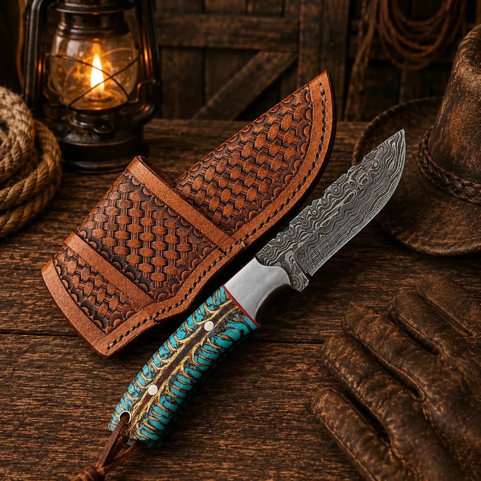 Western Belt Carry Knife – 4” Damascus Blade Pinecone Handle