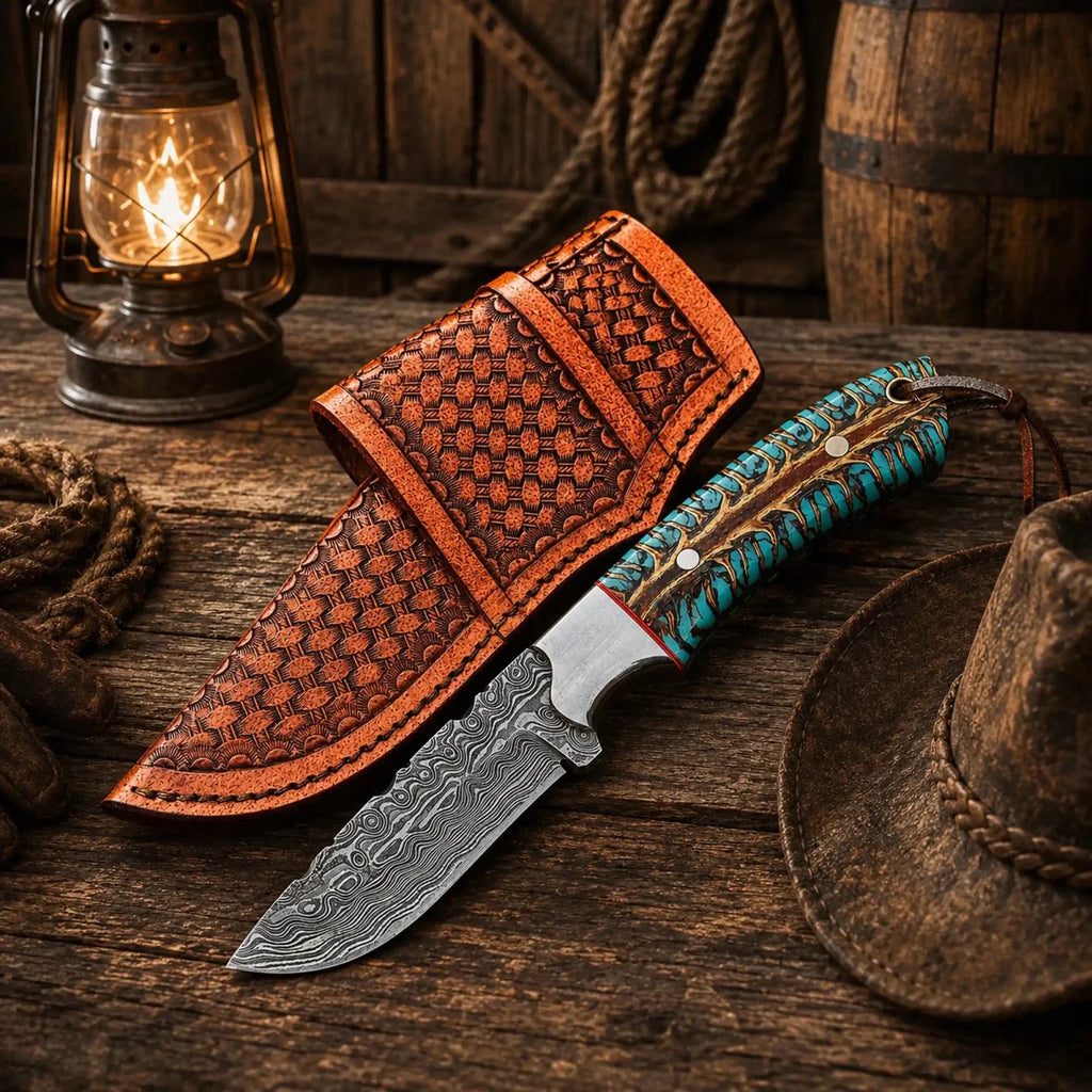 SHAM KNIVES Western belt carry cowboy knife with a 4-inch Damascus blade and pinecone handle, ideal for outdoor use.