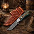 SHAM KNIVES Western belt carry cowboy knife with a 4-inch Damascus blade and pinecone handle, ideal for outdoor use.