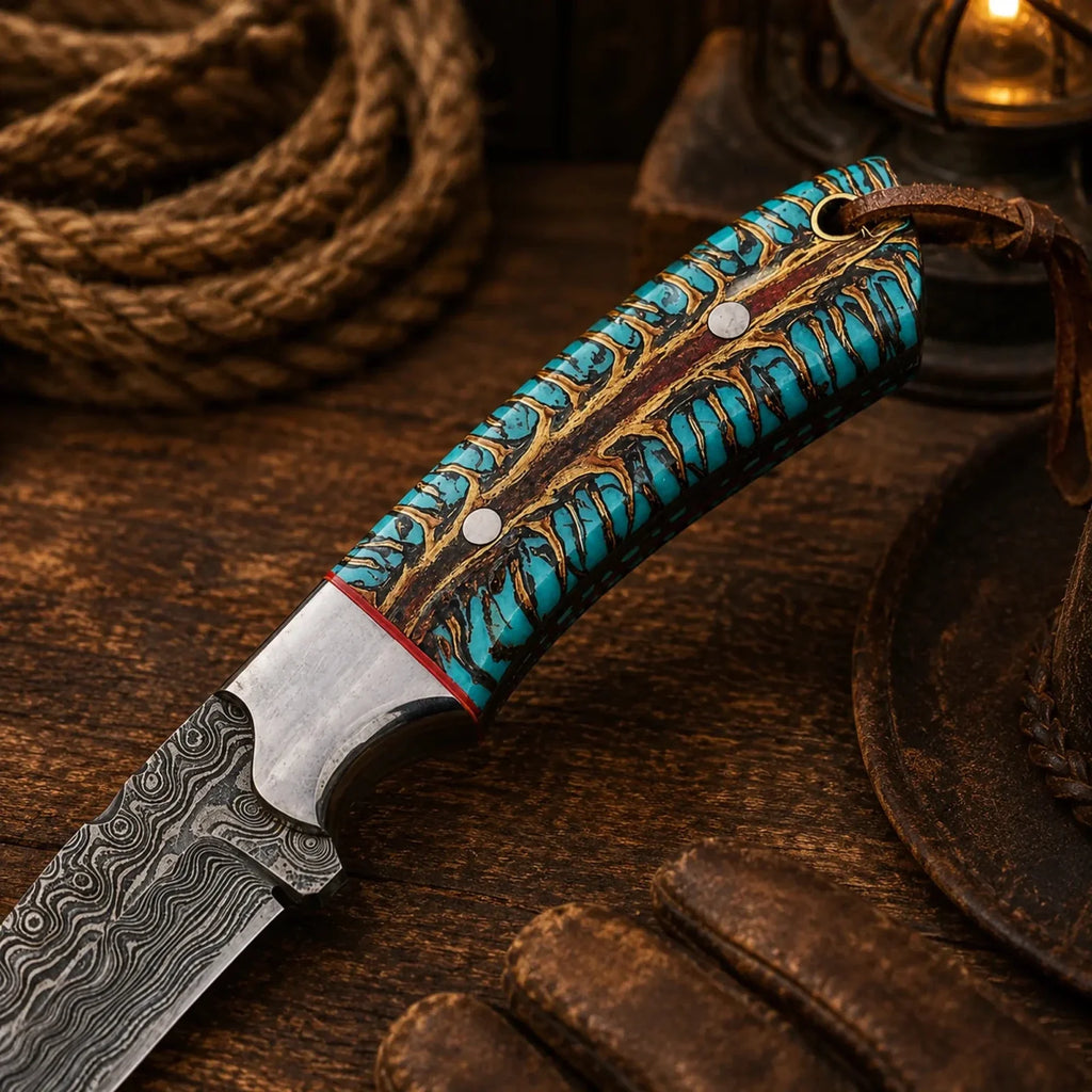 Western cowboy knife with 4-inch Damascus blade and pinecone handle, carried on a belt, by SHAM KNIVES.