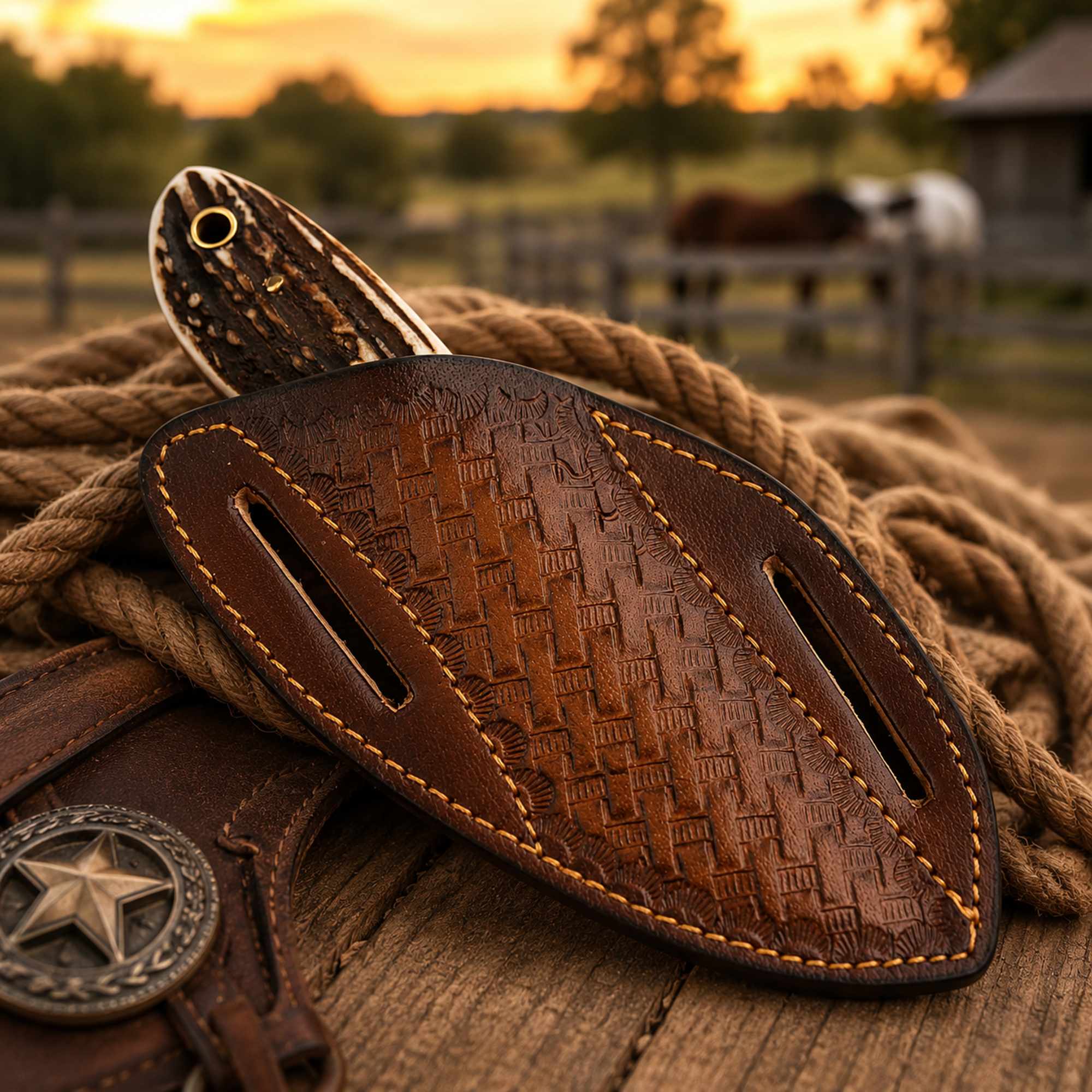 Western Belt Knife D2 Rasp Steel Stag Horn Handle