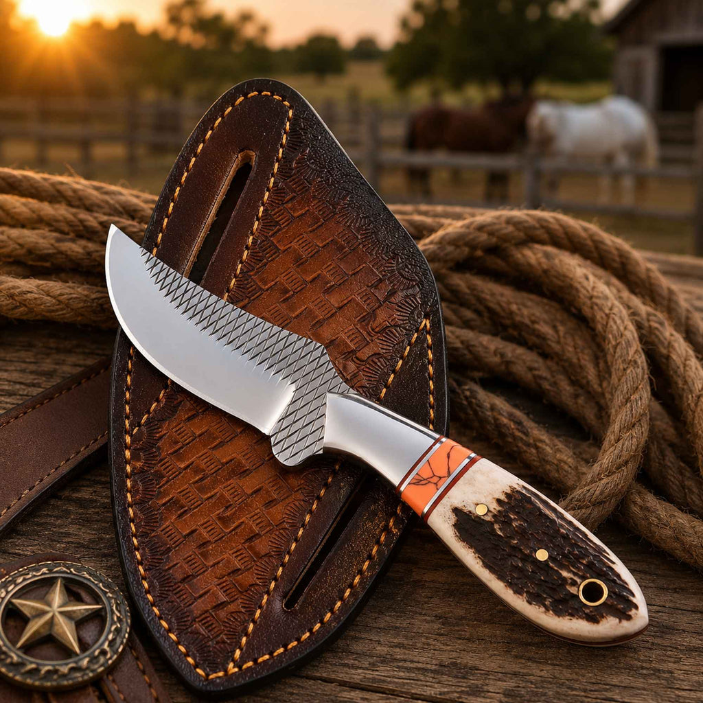 Western Belt Knife D2 Rasp Steel Stag Horn Handle