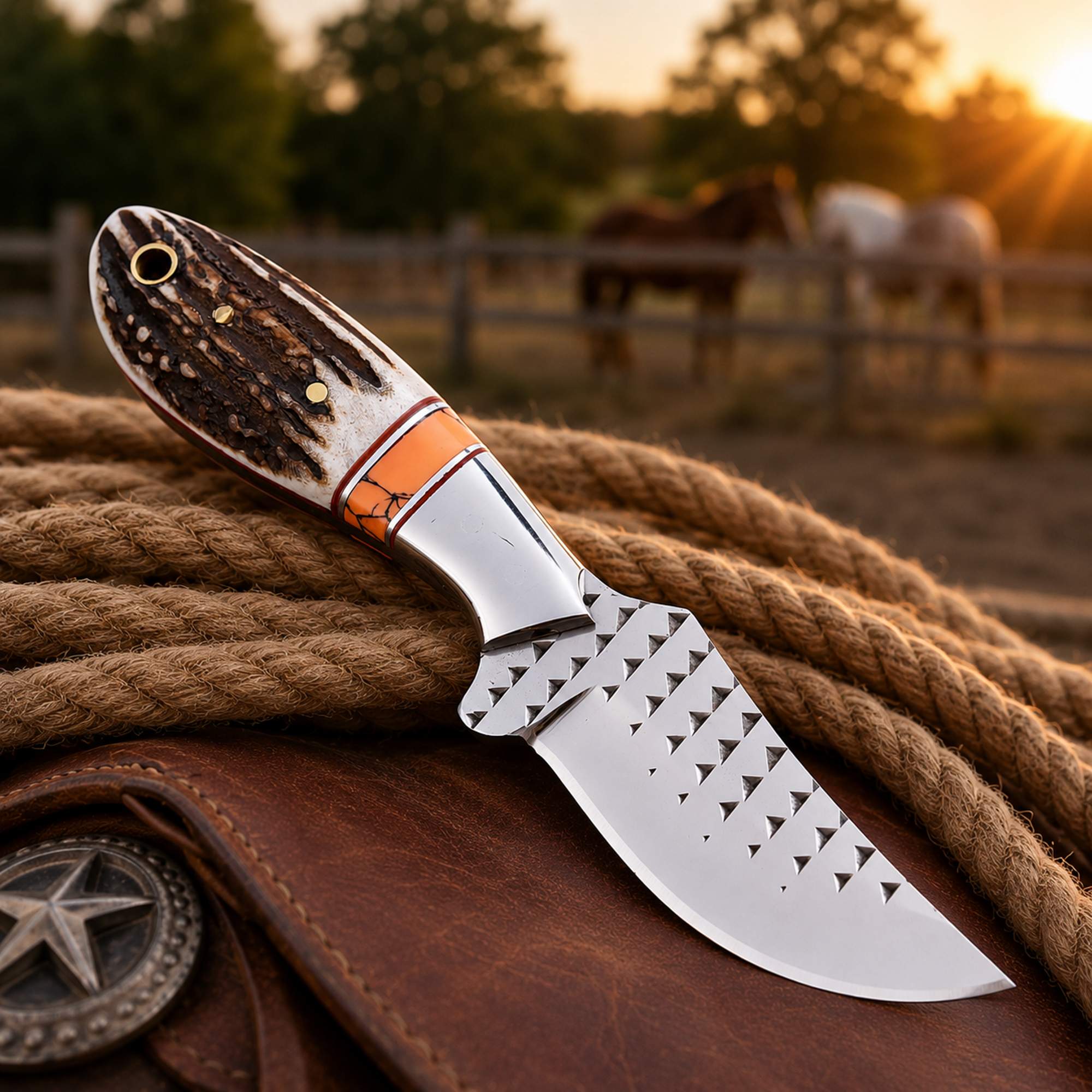 Western Belt Knife D2 Rasp Steel Stag Horn Handle