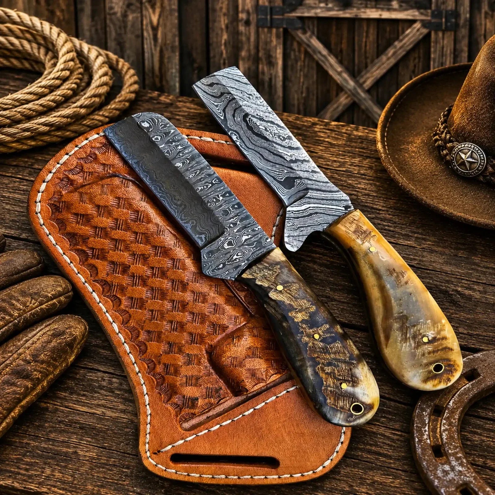 Western Cattleman Bull Cutter Knife Set – Handmade Damascus Skinning & Ranch Blades
