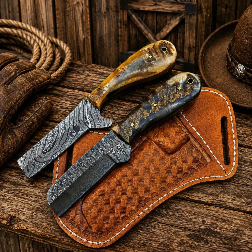 Western Cattleman Bull Cutter Knife Set – Handmade Damascus Skinning & Ranch Blades