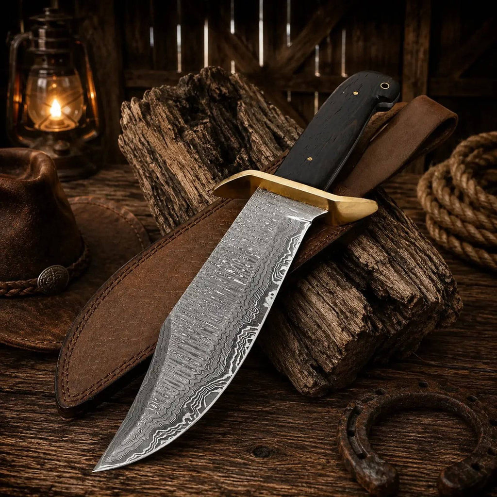 Western cowboy Bowie knife by SHAM KNIVES with Damascus steel blade and Wenge wood handle, ideal for outdoor and hunting use.