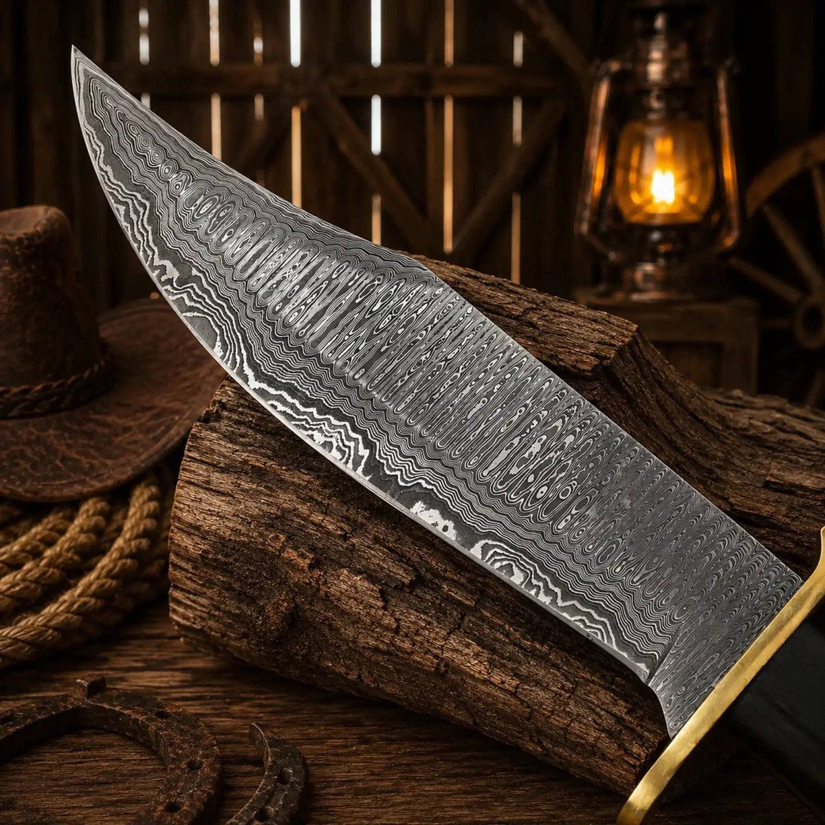 Western cowboy Bowie knife with Damascus steel blade and Wenge wood handle, designed by SHAM KNIVES