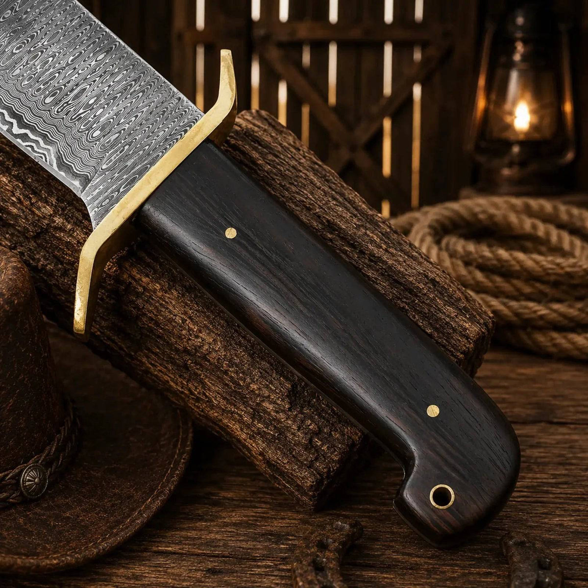 Western cowboy Bowie knife by SHAM KNIVES with Damascus steel blade and Wenge wood handle, ideal for outdoor or display use.