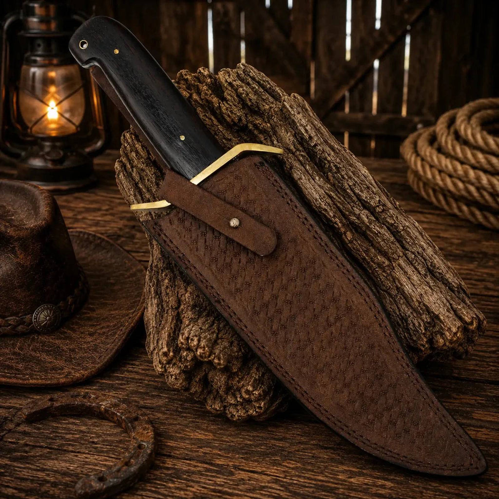 Western cowboy Bowie knife with Damascus steel blade and Wenge wood handle, crafted by SHAM KNIVES.