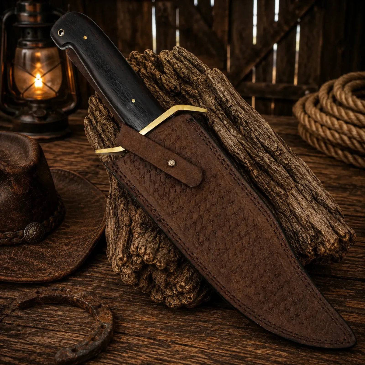 Western cowboy Bowie knife with Damascus steel blade and Wenge wood handle, crafted by SHAM KNIVES.