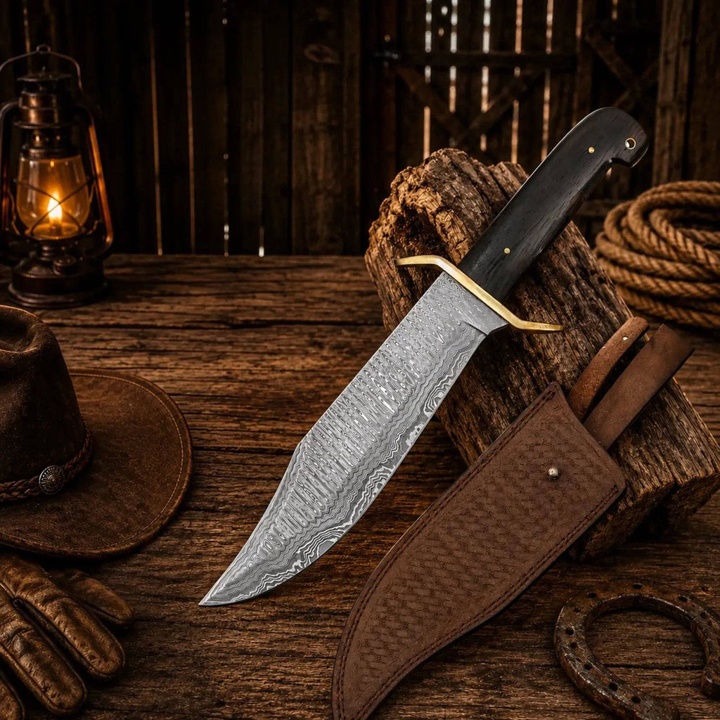 Western cowboy Bowie knife by SHAM KNIVES with Damascus steel blade and Wenge wood handle, ideal for outdoor and collection use.