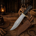 Western cowboy Bowie knife by SHAM KNIVES with Damascus steel blade and Wenge wood handle, ideal for outdoor and collection use.
