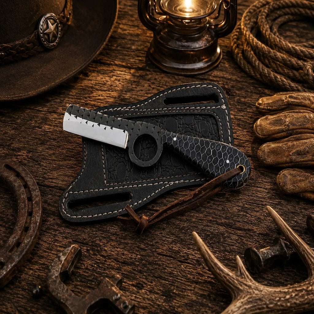 Handmade SHAM KNIVES bull cutter with D2 powder-coated blade, honeycomb handle, and front pancake leather sheath.