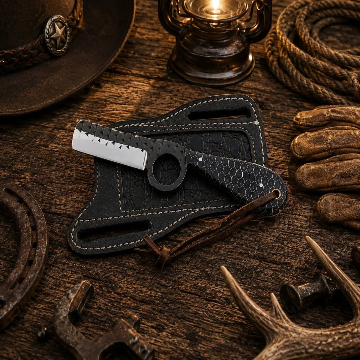 Handmade SHAM KNIVES bull cutter with D2 powder-coated blade, honeycomb handle, and front pancake leather sheath.
