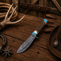 Western Cowboy Hunting Knife – 5" Fire Damascus Blade with Antler & Turquoise Handle