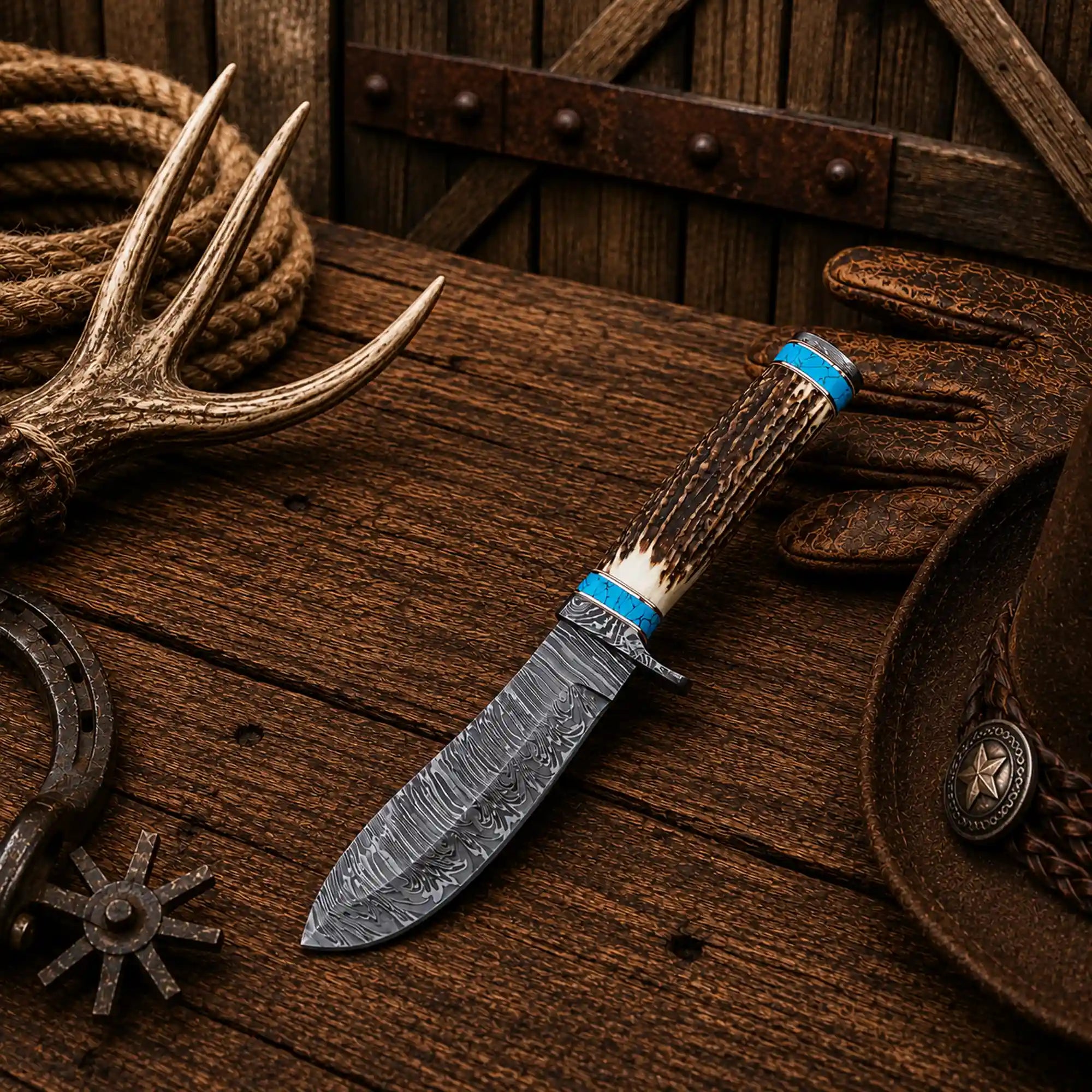 Western Cowboy Hunting Knife – 5" Fire Damascus Blade with Antler & Turquoise Handle