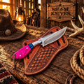 Western style cowboy skinning knife Pink Stone Handle & cross Draw belt Leather Sheath