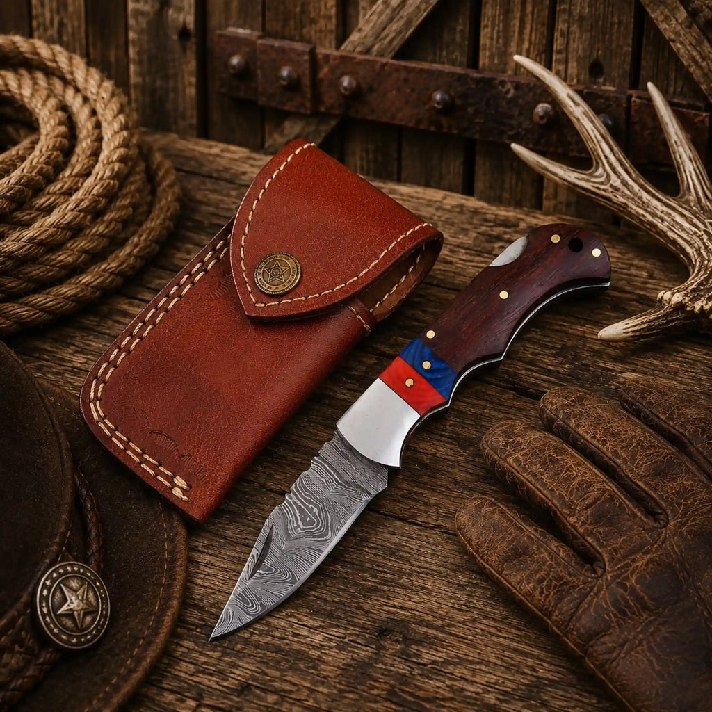 6.5" Damascus Steel Folding Pocket Knife – Wood Handle & Leather Sheath