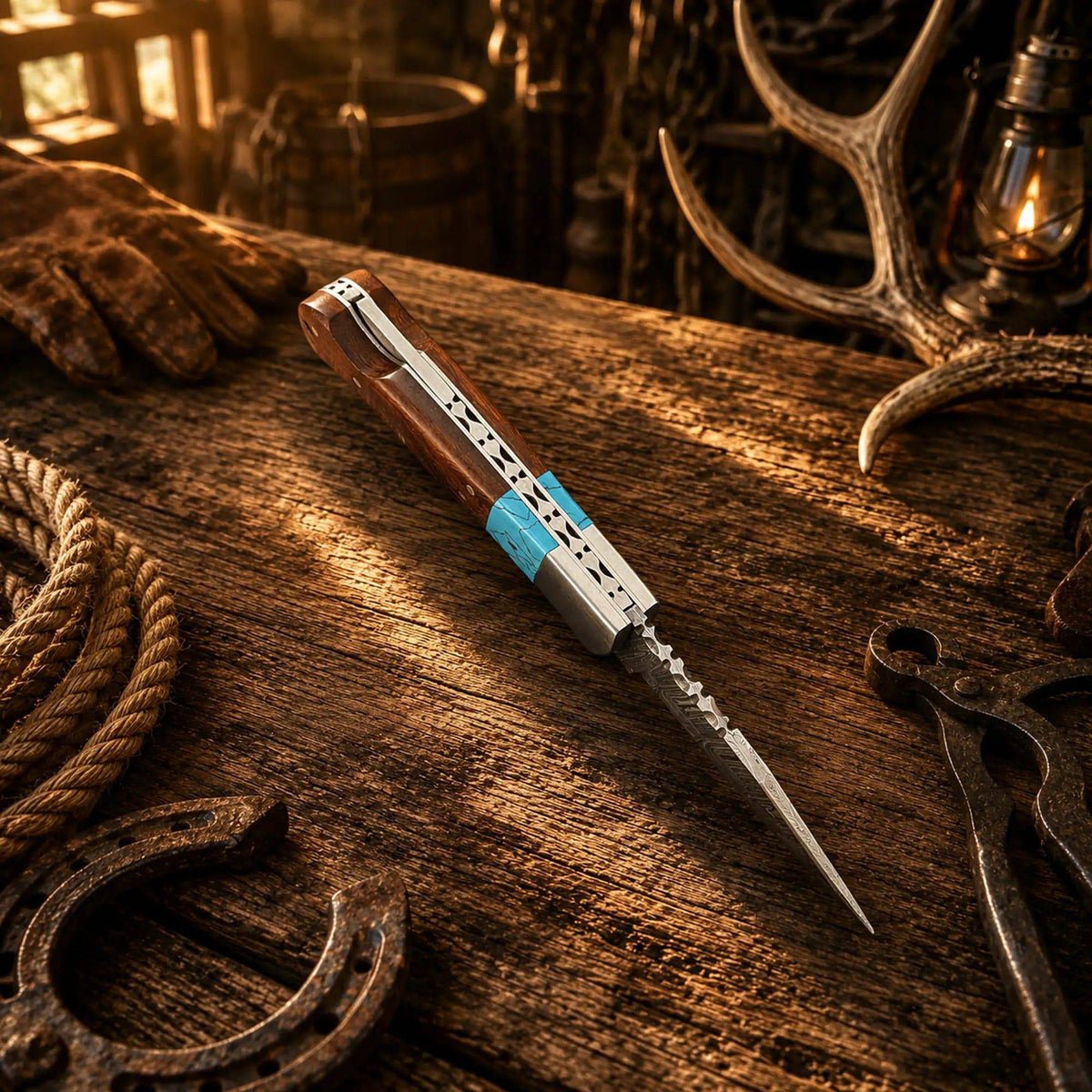 SHAM KNIVES Cowboy Champion Carry Damascus folding pocket knife with turquoise handle and wood back lock for everyday carry.