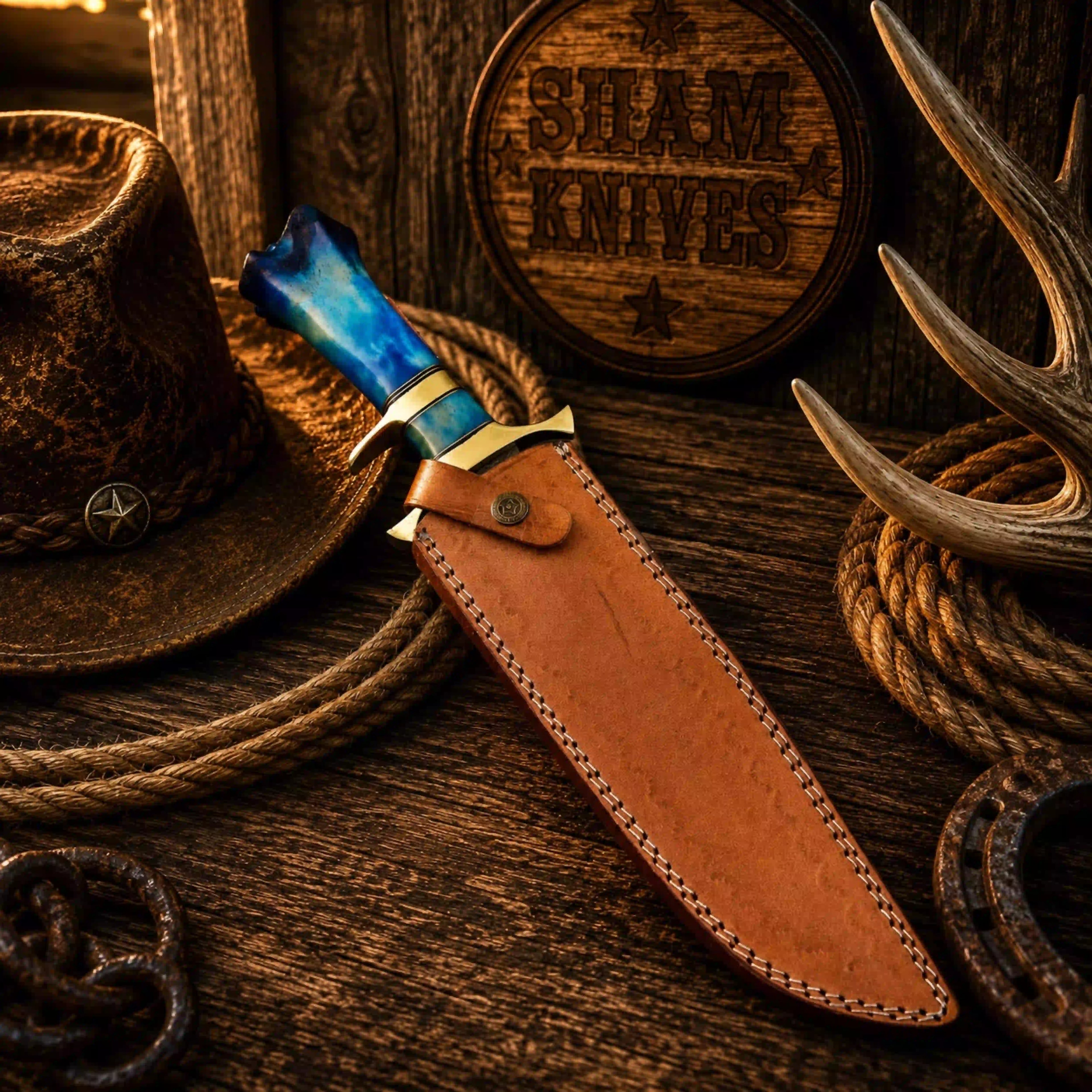 Frontier Legend Bowie Knife – Damascus, Blue Camel Bone & Sheath