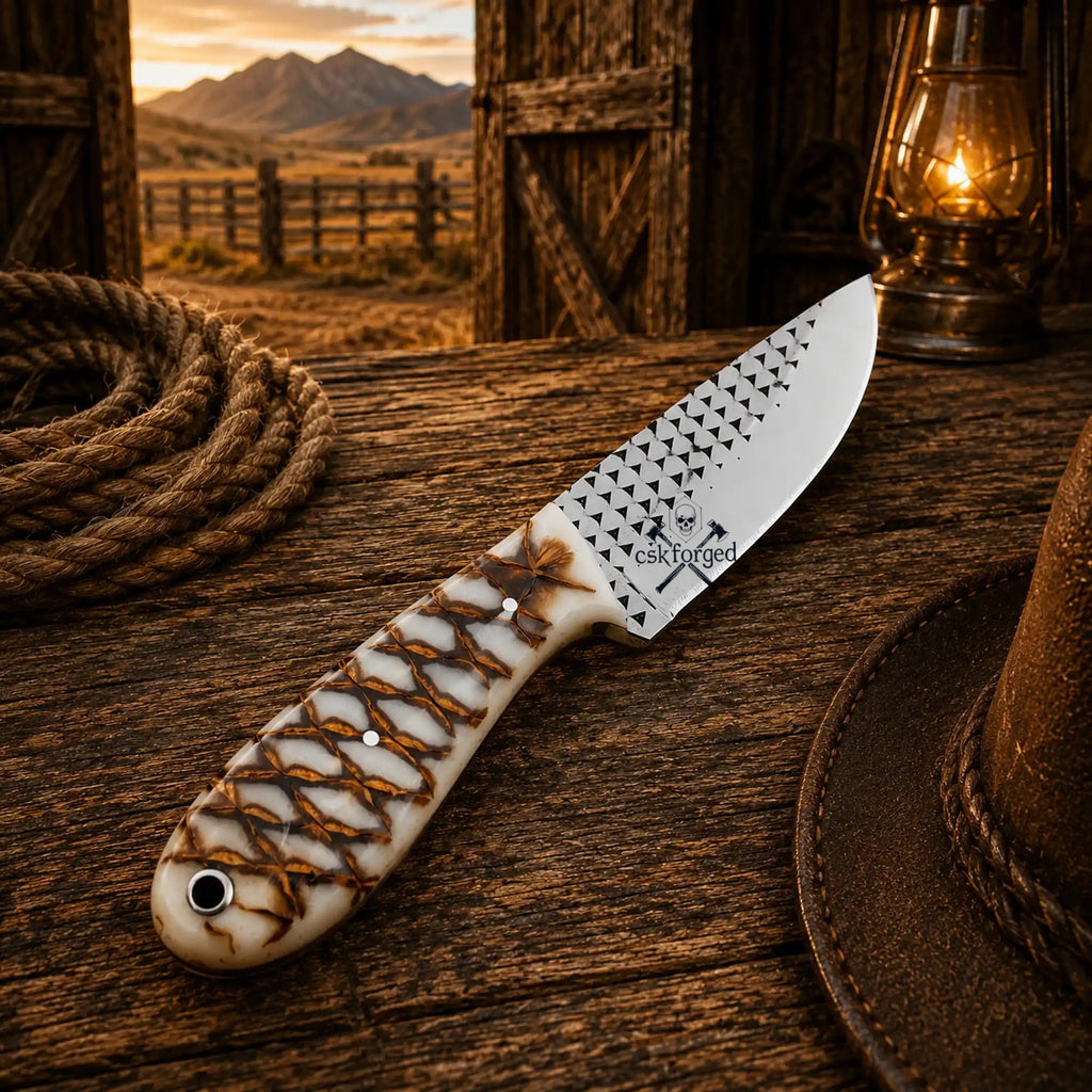 Cskforged Rasp File Ranch Carry fixed blade cowboy knife with epoxy resin handle, outdoor use, and rugged design.