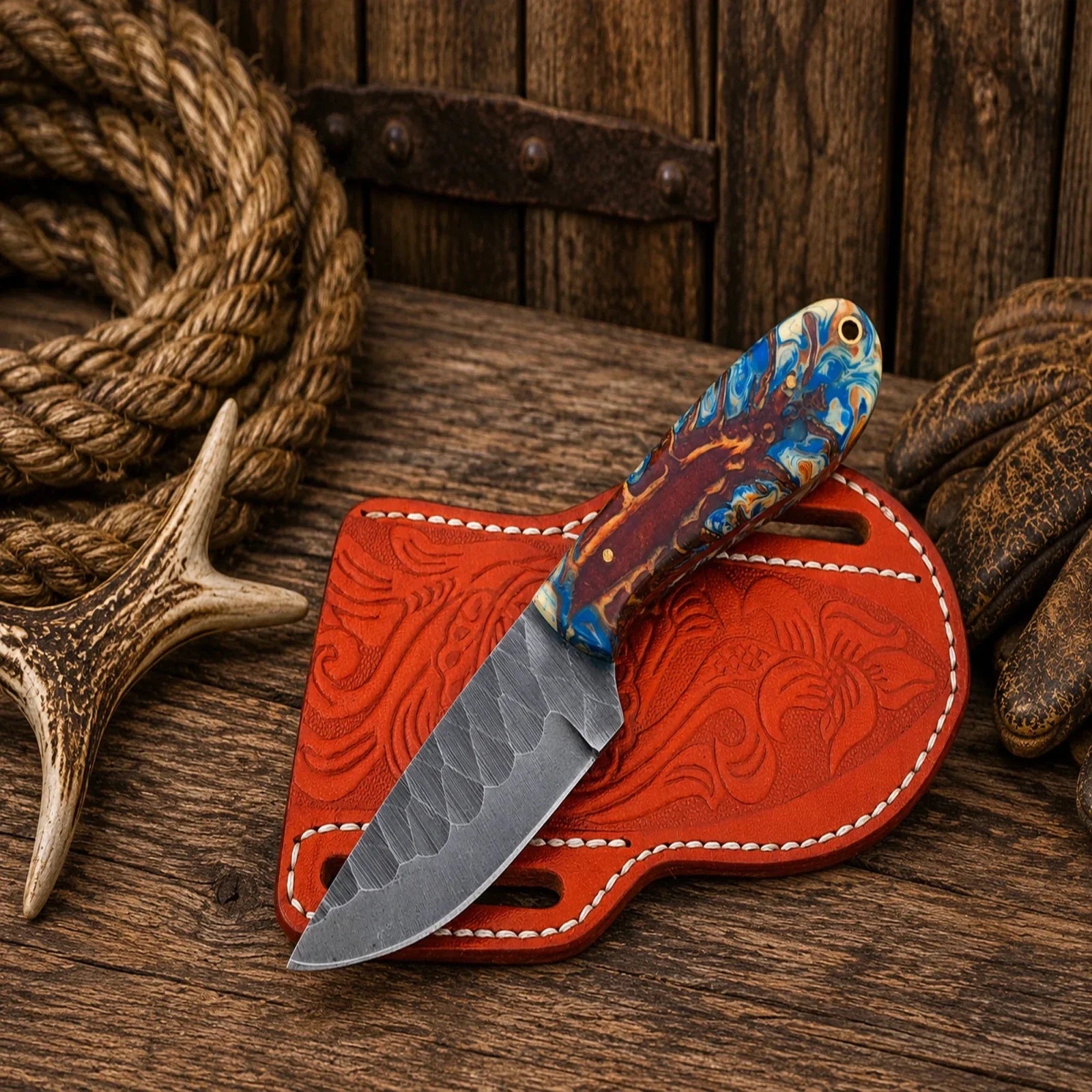 Western Ranch Companion Knife – D2 Acid Wash Blade & Pinecone Resin Handle