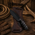 Western Ranch Hunting Knife by SHAM KNIVES with Micarta handle and cross draw sheath, featuring a Damascus blade for outdoor use.