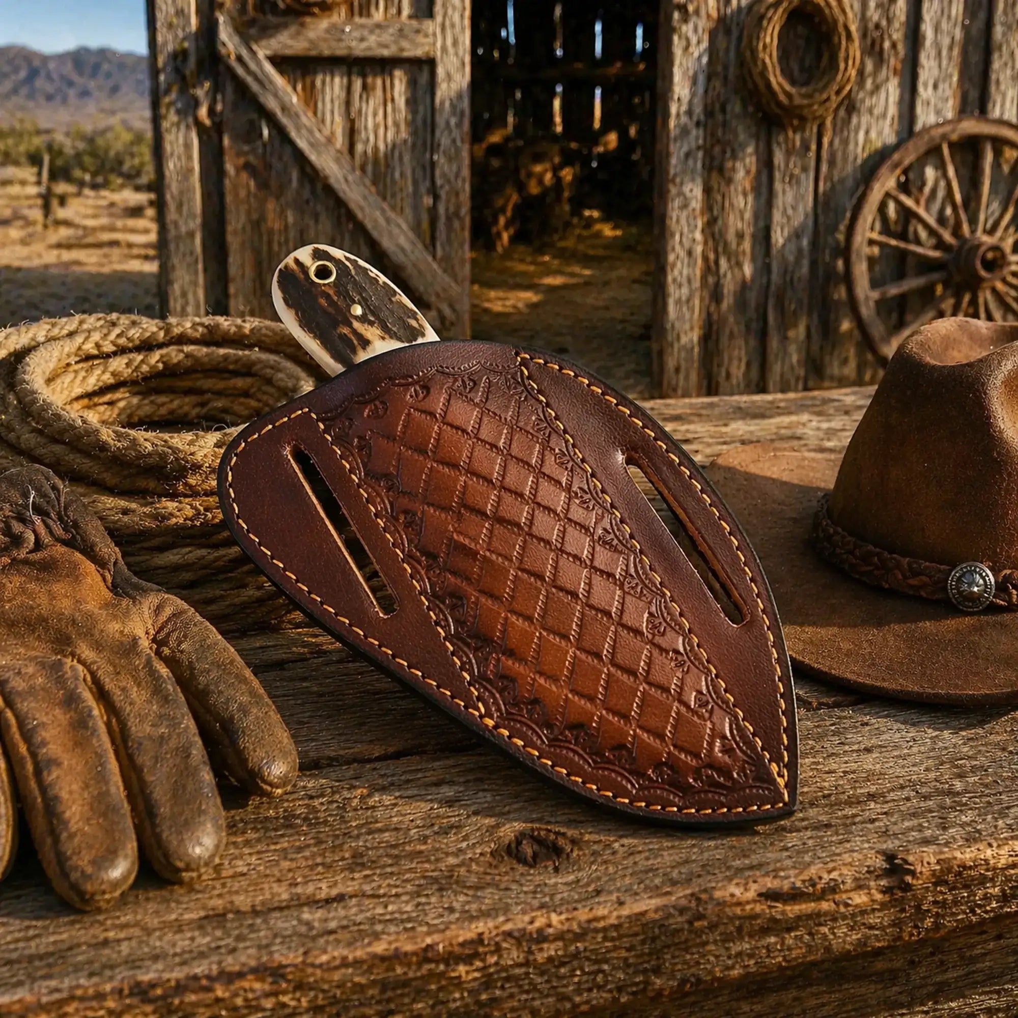 Western Ranch Knife – 3.5” Rasp Blade Antler Handle & Pancake Leather Sheath