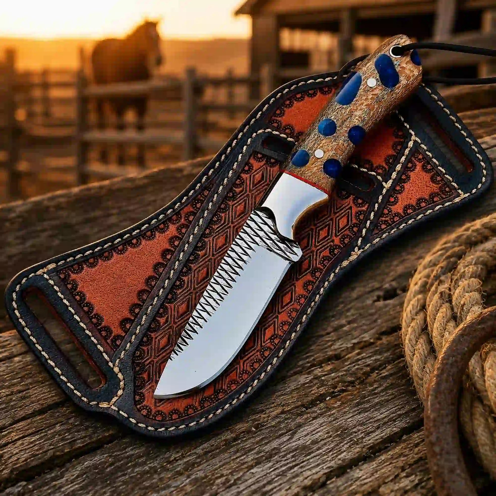 Buckaroo Knife | Rasp Steel with Cholla Cactus and Turquoise Handle