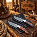 Whiskey Ridge Cowboy Skinner Duo – Damascus & Pine Cone Handles
