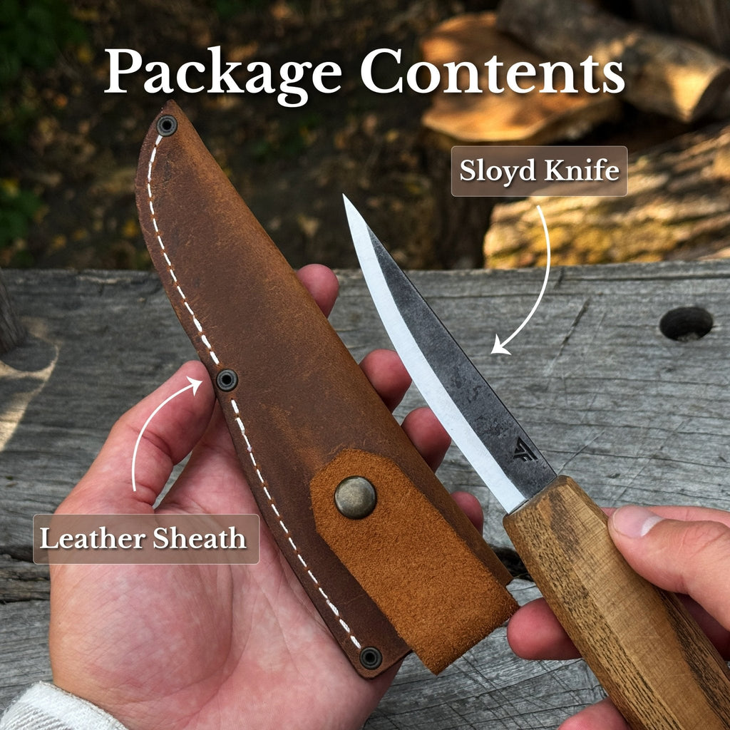 Whittling Sloyd Knife with Leather Sheath by Sharky Forged Steel Tools - Relic & Reel