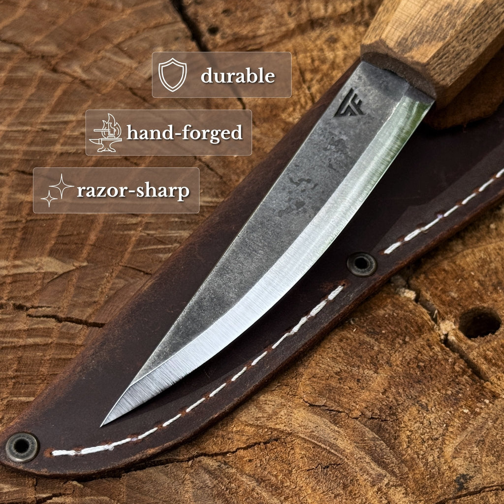Whittling Sloyd Knife with Leather Sheath by Sharky Forged Steel Tools - Relic & Reel