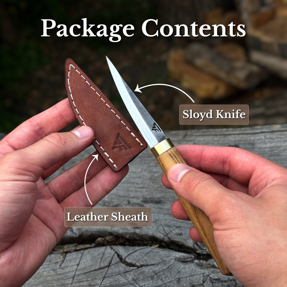 Sharky Forged Steel Tools 7.5 cm sloyd knife with leather sheath, featuring a wooden handle for whittling and carving.