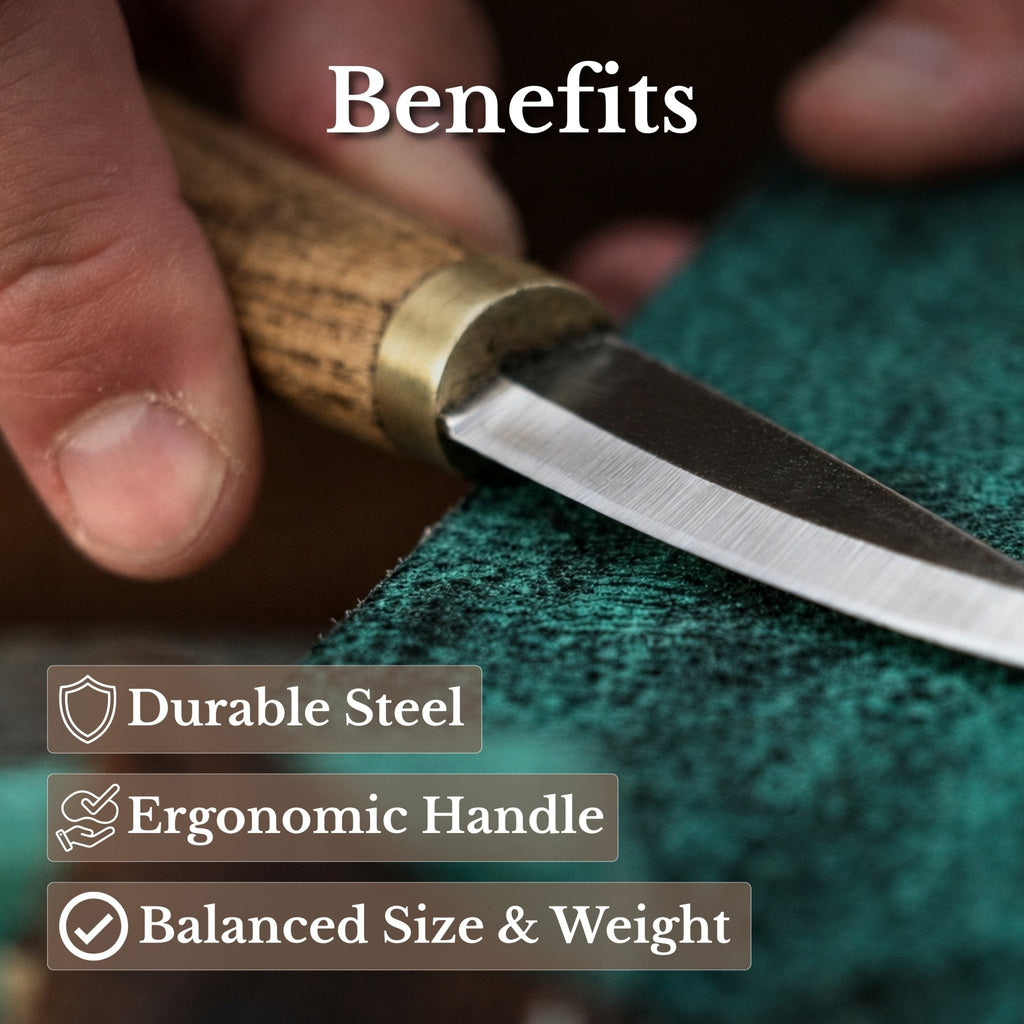 Sharky Forged Steel Sloyd Knife with 7.5 cm blade and leather sheath, ideal for whittling and woodworking.