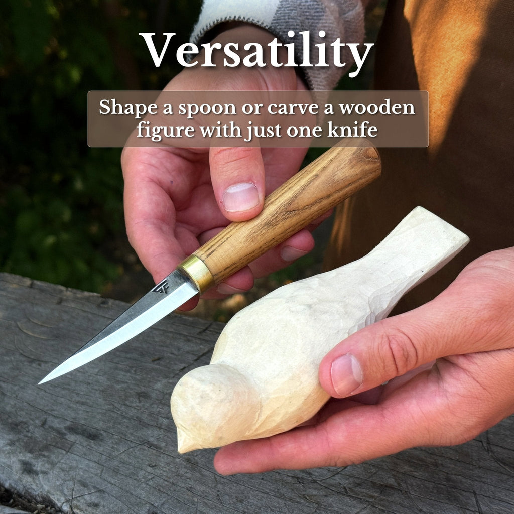 Sharky Forged Steel Sloyd Knife with 7.5 cm blade and leather sheath for whittling and woodworking crafts.