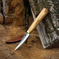 Sharky Forged Steel Sloyd Knife with 7.5 cm blade and leather sheath, ideal for whittling and wood carving.