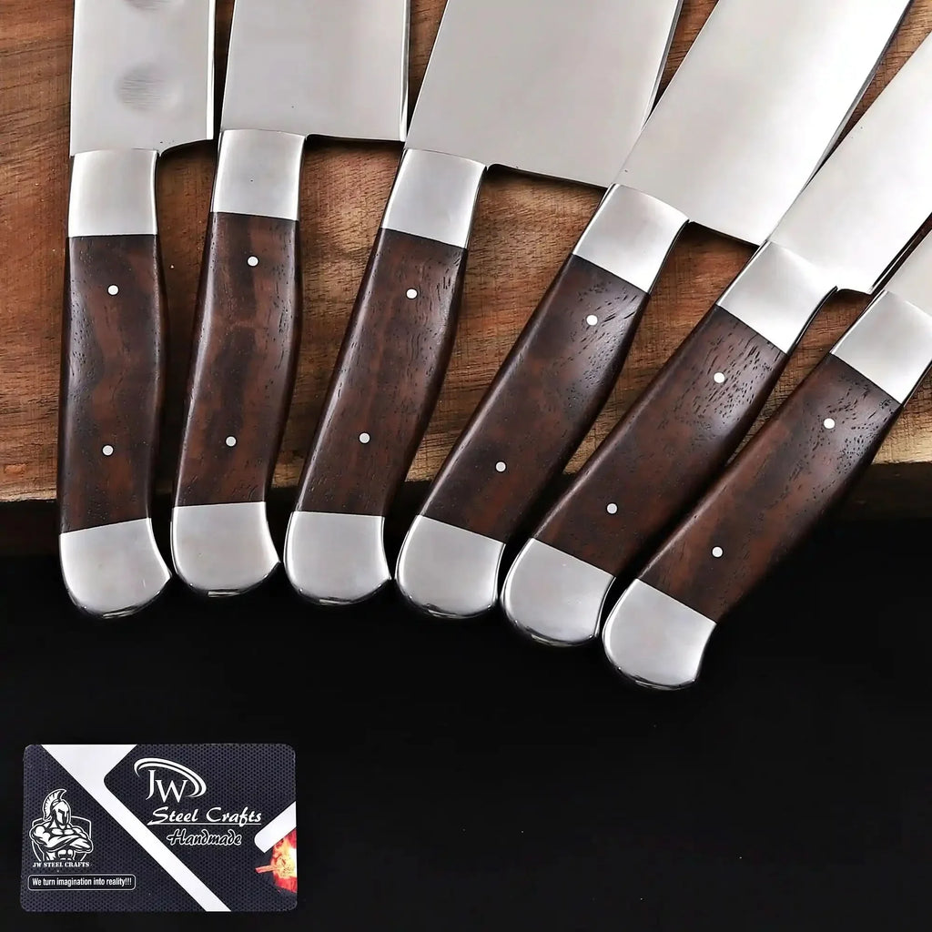 6-Piece High Carbon Steel Kitchen Knife Set with Leather Roll Olive Wood Handles, Steel Bolsters, 7 to 12 Inc