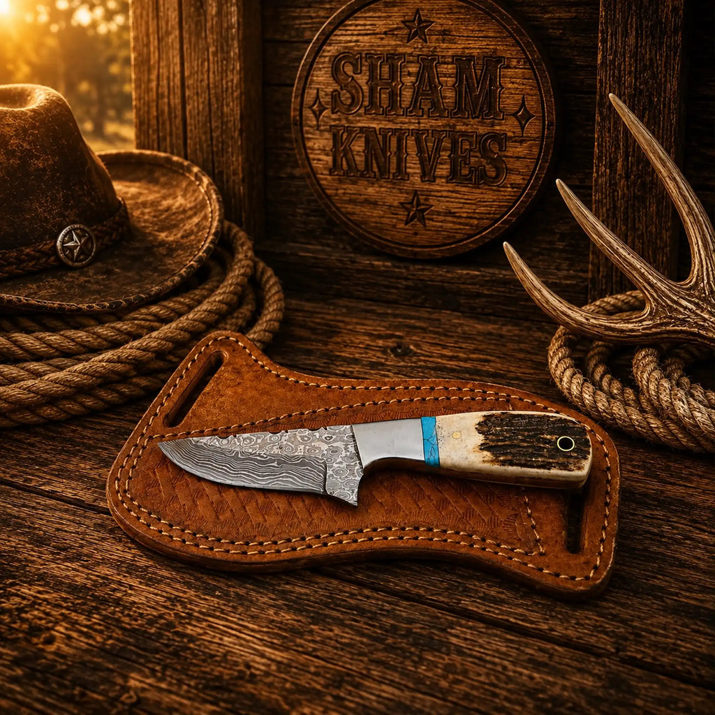 Cowboy belt knife by SHAM KNIVES with 3.25-inch raindrop Damascus blade, antler handle, and turquoise accents.