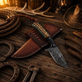 SHAM KNIVES Working Cowboy Knife with 3.5-inch Raindrop Damascus steel blade, pinecone pattern, buffalo horn handle.