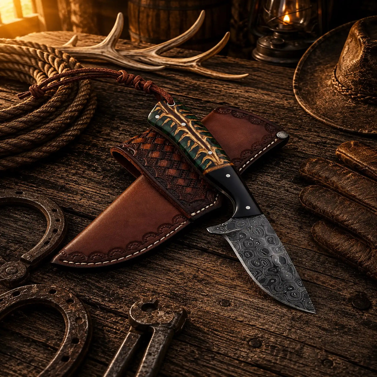 SHAM KNIVES Working Cowboy Knife with 3.5-inch Raindrop Damascus steel blade, pinecone pattern, buffalo horn handle.